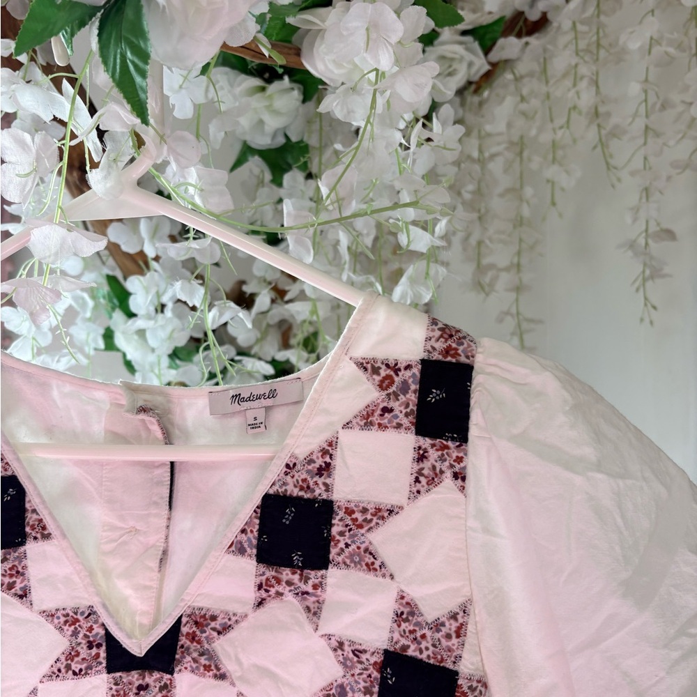 Madewell Flutter - Sleeve Peplum Top in Patchwork Quilted Patterned Blouse - Picture 8 of 11